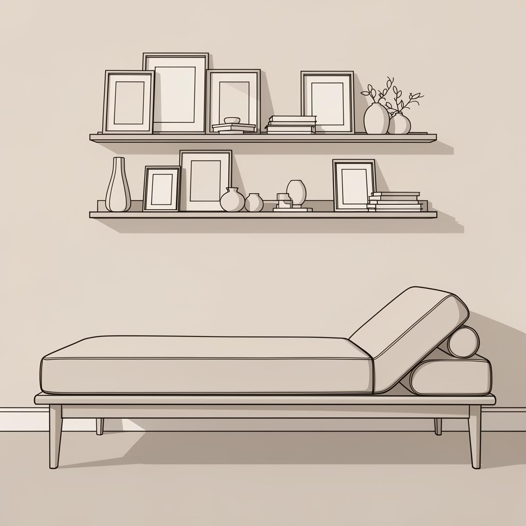 Illustration af galleri-hylder med billeder og dekoration