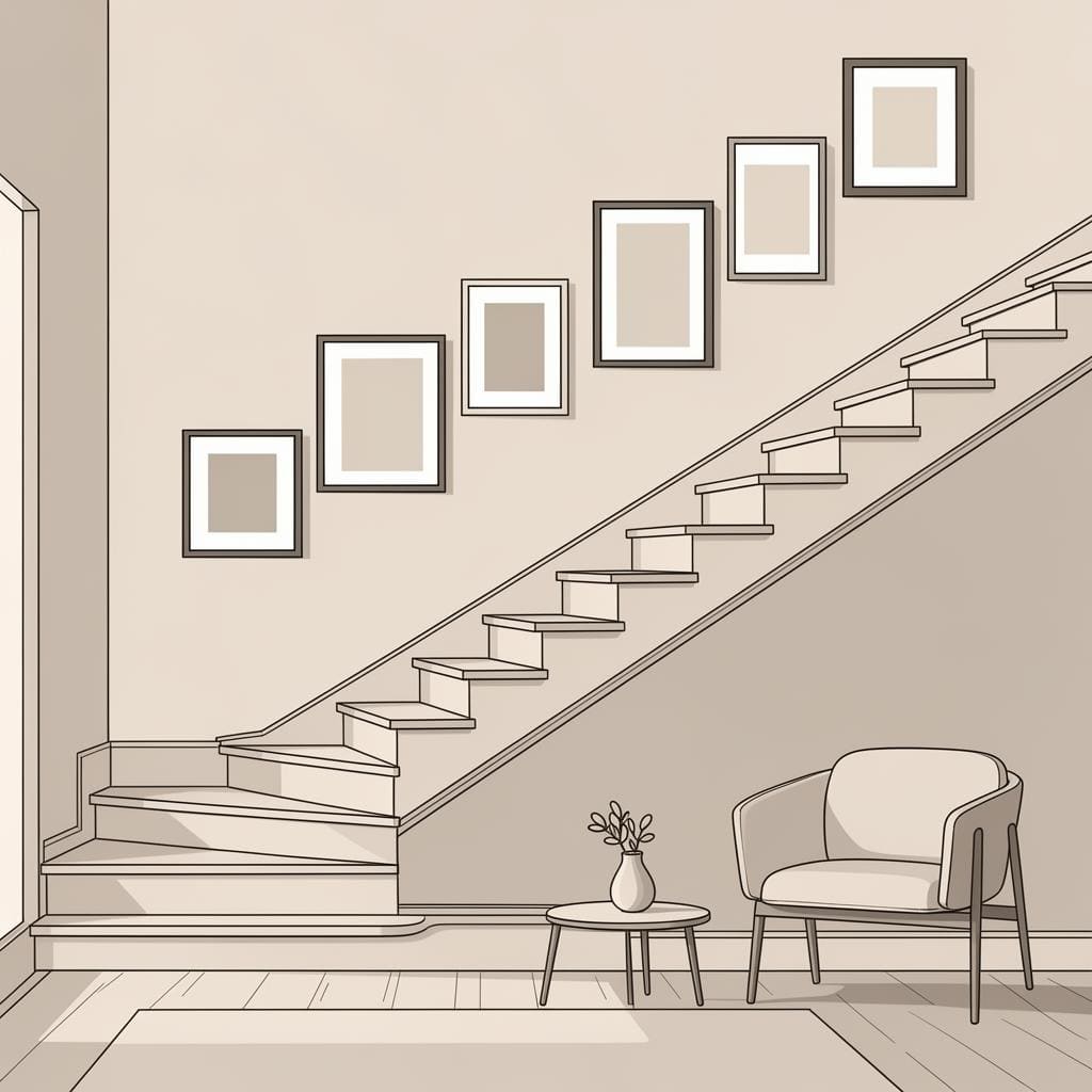 Illustration af fotovæg langs trappe med billeder i kronologisk orden